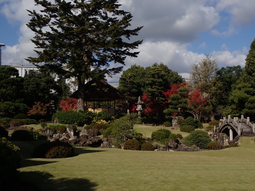 Japanse tuin met rustieke elementen en herfstbladeren.